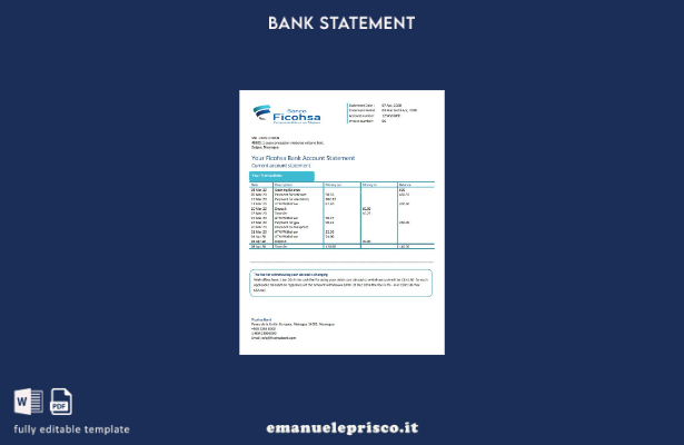 modello word di estratto conto bancario Nicaragua Banco Ficohsa in stile verific